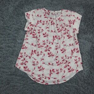 Monday Fun Blouse Shirt Womens Large White Floral Cap Sleeve Top Stretch Casual